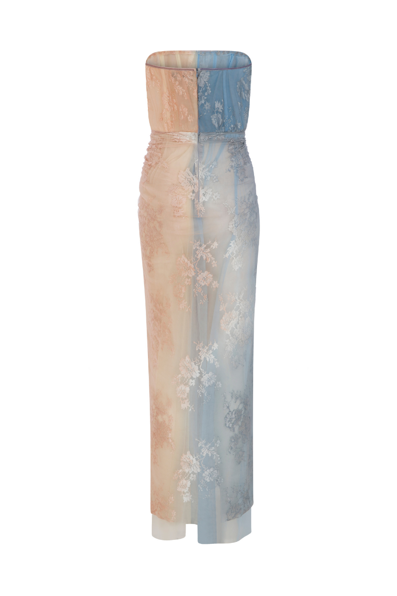 Colorblock lace maxi dress by Sudi Etuz featuring a flowing silhouette and intricate lace details.