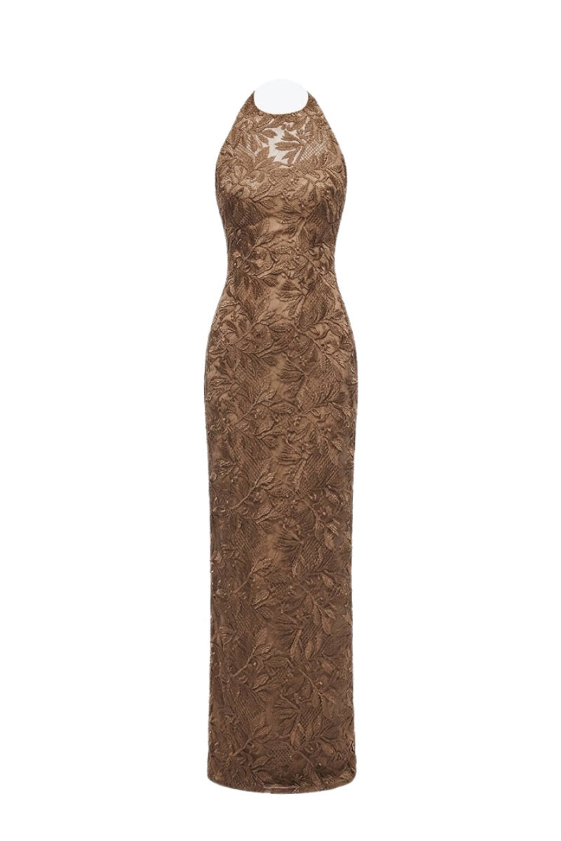 Elegant Margée Atelier Seraphina lace halter maxi dress with intricate lace details and flowing silhouette.
