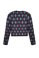 Lalo geometric print multi-color cardigan with long sleeves and open front, stylish casual knitwear for women.