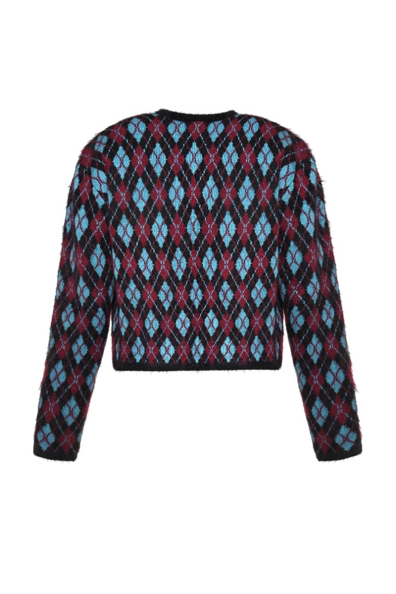 Lalo geometric print multi-color cardigan with long sleeves and open front, stylish casual knitwear for women.