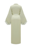 Bocan Couture Heidi long rayon robe with light green lace trim, flowing design and elegant details in soft, lightweight fabric.