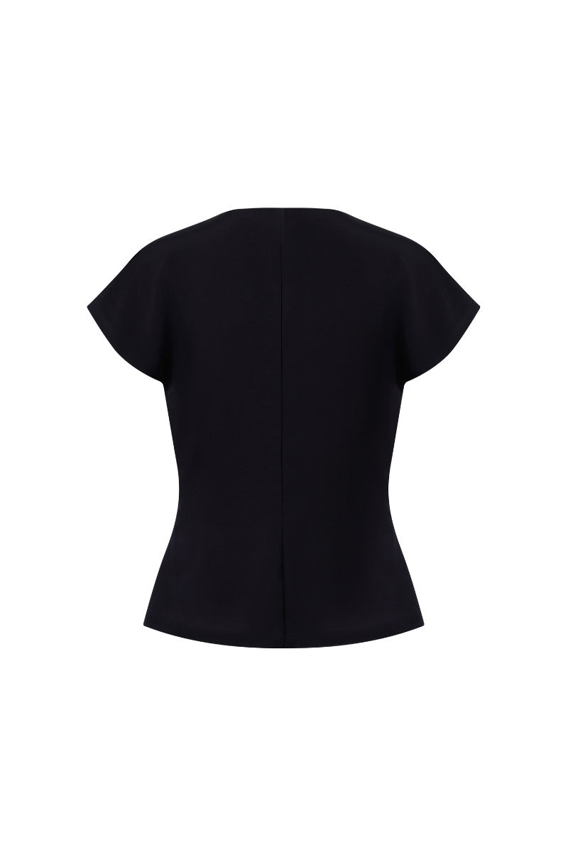 Black full-blown top from Lecia, showcasing a stylish and fitted design with long sleeves and a round neckline.