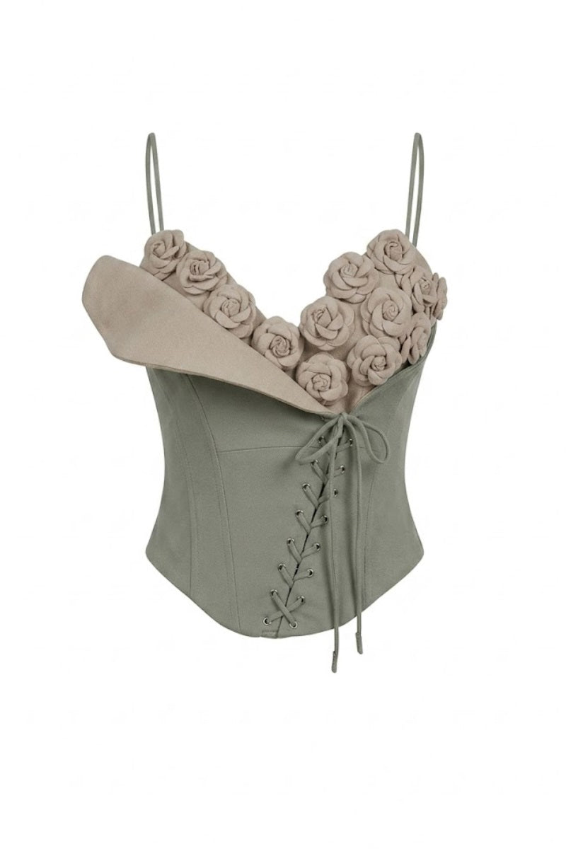 Blue mint camellia corset top by Keira Tong, featuring a fitted design with delicate floral detailing.