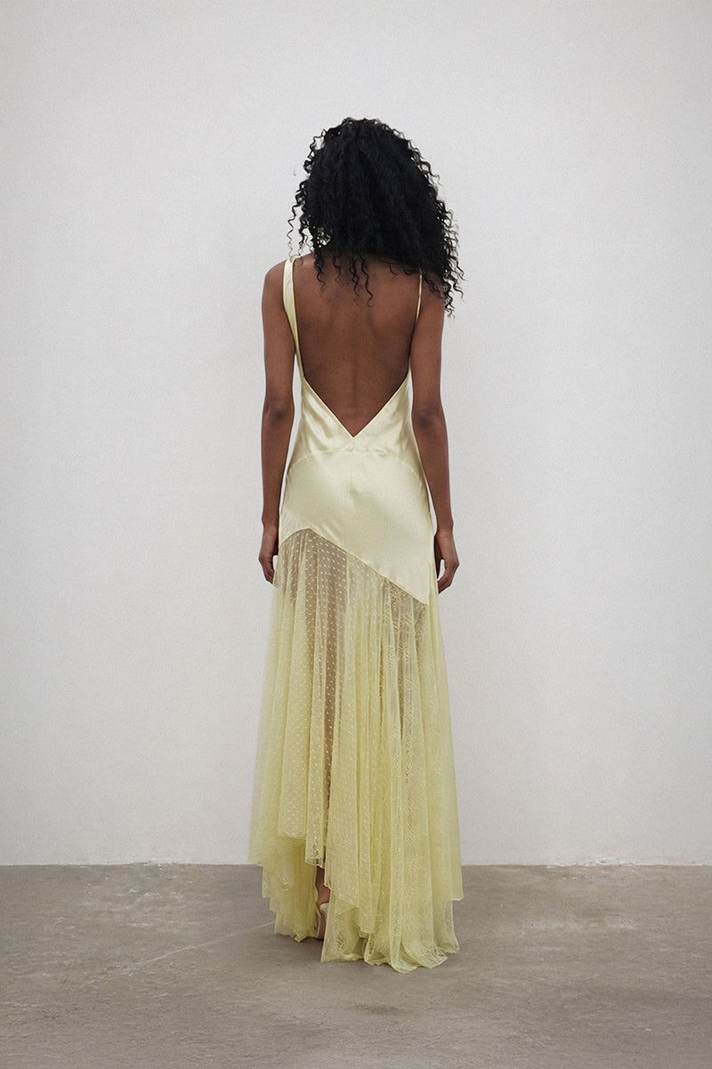 Deme By Gabriella BIJOU gown with elegant lace and flowing fabric, showcasing a stylish evening dress with intricate details.