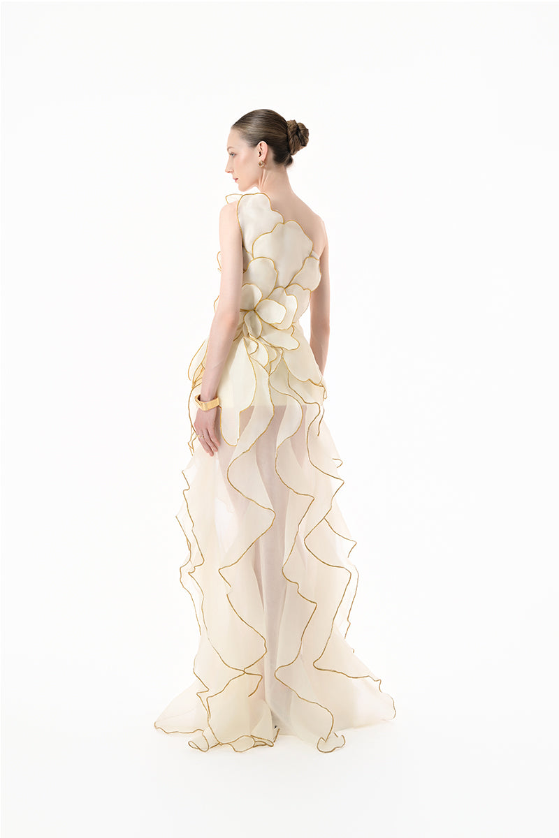 Elegant ivory sculpted petal gown by Happy Clothing, featuring intricate details and a flowing silhouette.