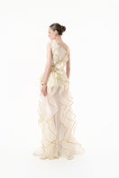 Elegant ivory sculpted petal gown by Happy Clothing, featuring intricate details and a flowing silhouette.