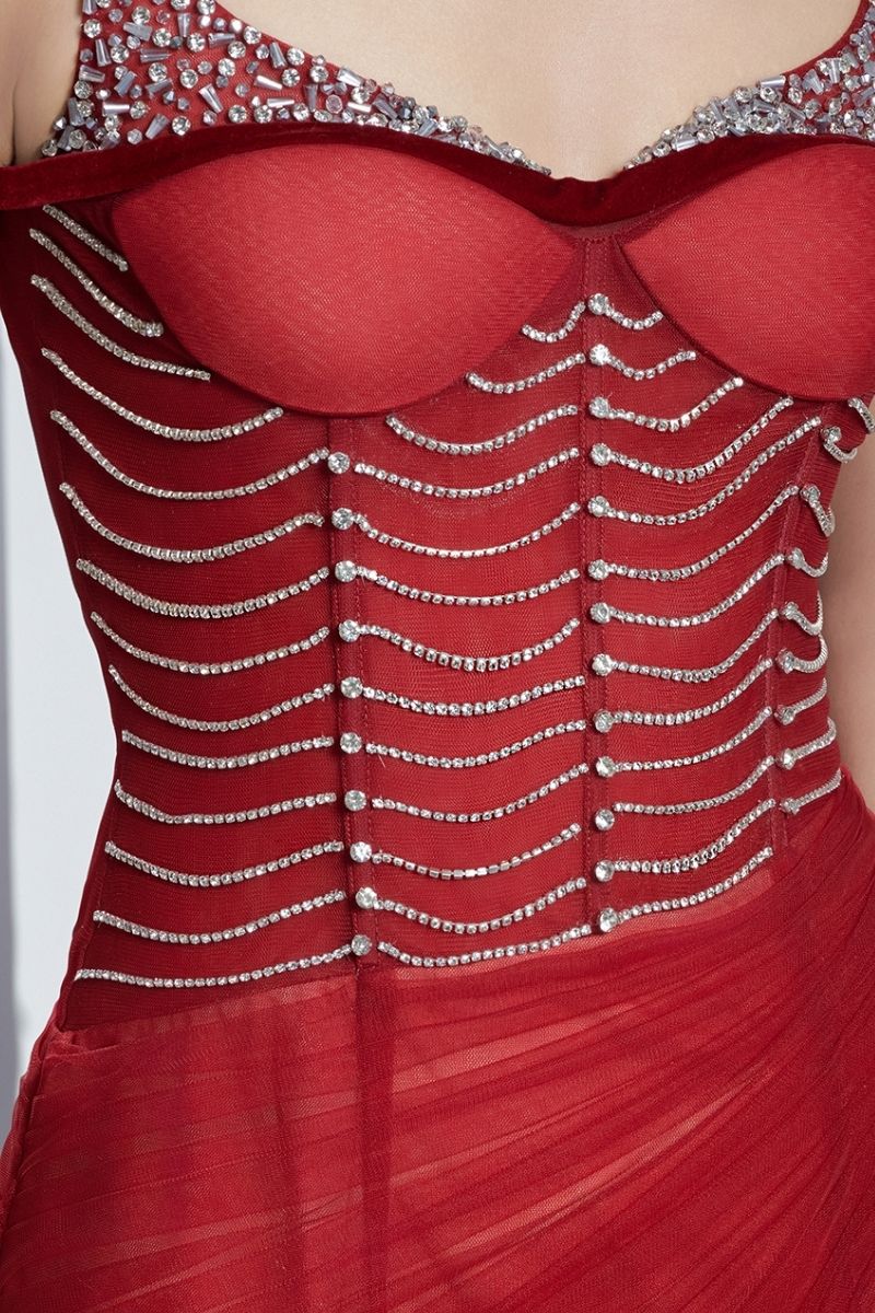 CRIMSON EMBELLISHED CORSET MESH MAXI DRESS IN RED - CULT MIA