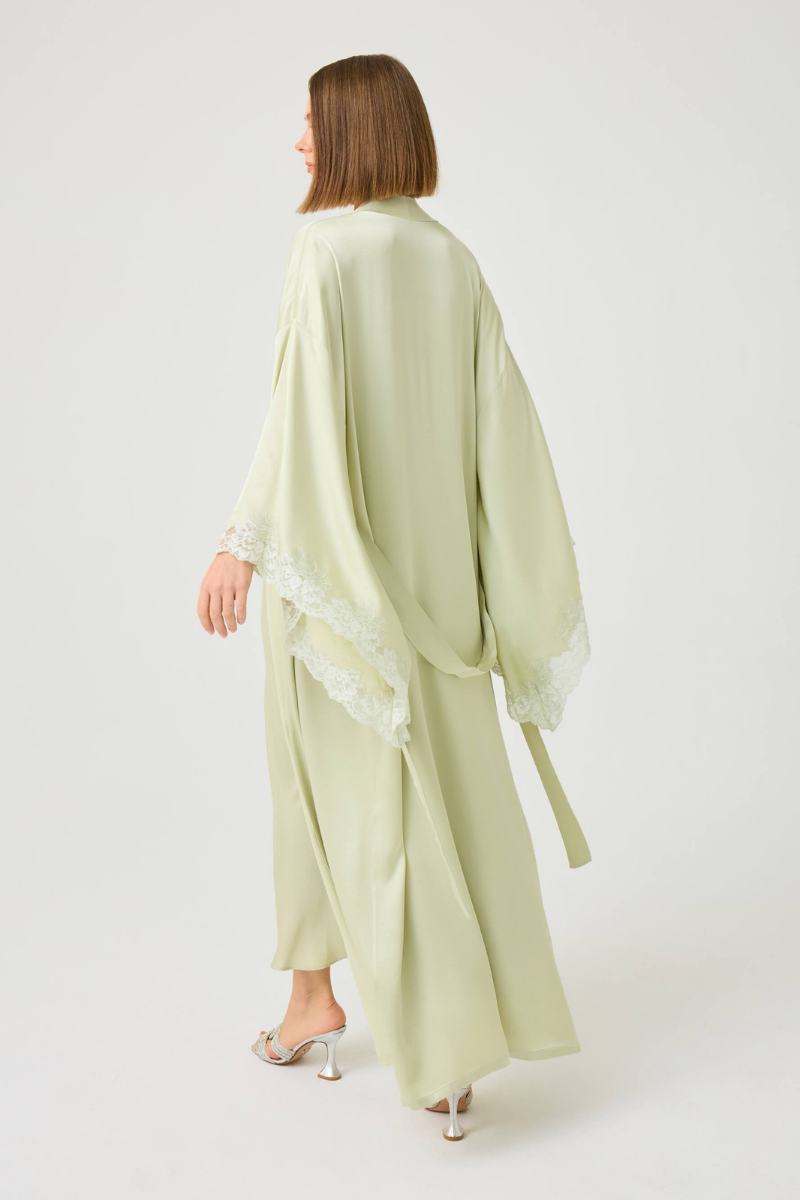 Bocan Couture Heidi long rayon robe with light green lace trim, flowing fabric and elegant design for comfortable wear