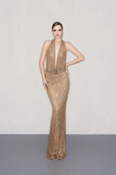 CEM metallic mesh gown featuring a shimmering, see-through design with long sleeves and elegant fit for formal occasions.