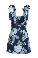 Summer Away midnight blue mini dress, stylish and elegant, shown on a model with a fitted silhouette and sleeveless design.