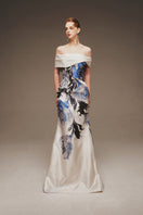 Elegant cobalt blossom strapless gown by Margée Atelier featuring a flowing silhouette and floral design, shown on a model.