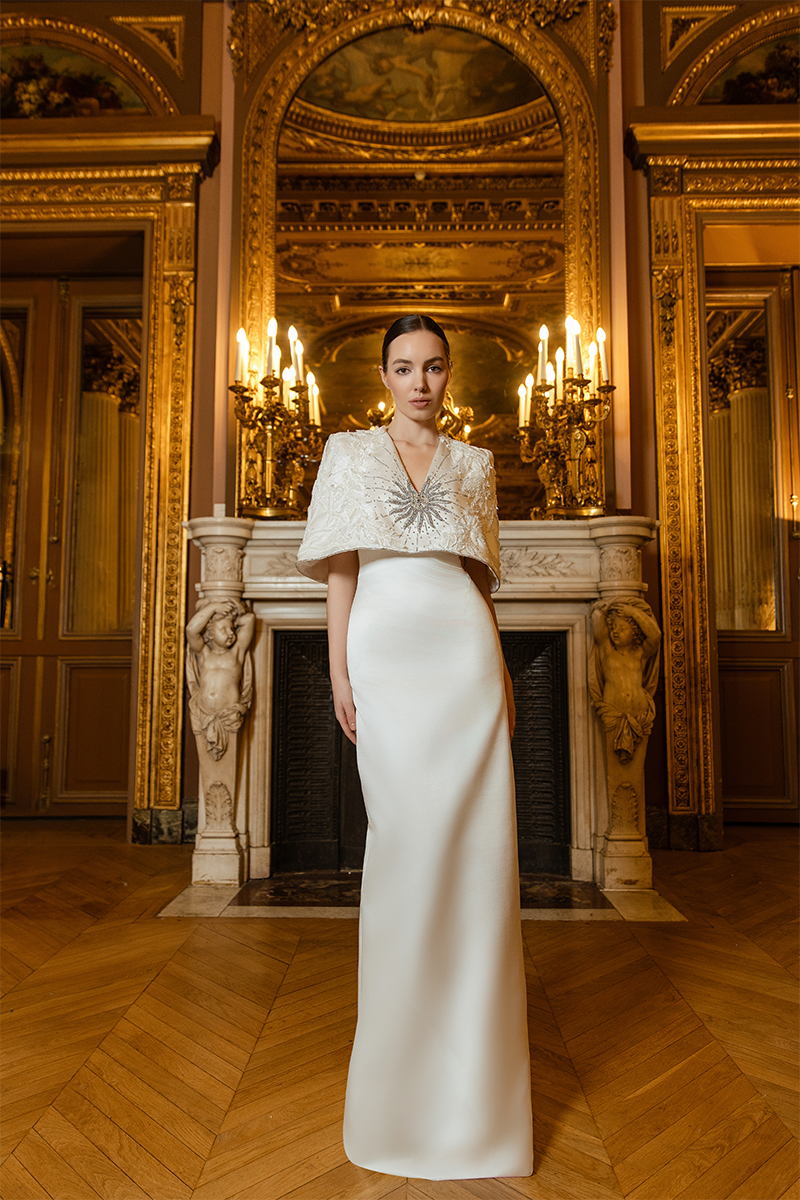 WHITE V-NECK CAPE SLEEVES STRAIGHT GOWN | CULT MIA | Tracy Studio WHITE V-NECK CAPE SLEEVES STRAIGHT GOWN | CULT MIA | Tracy Studio
