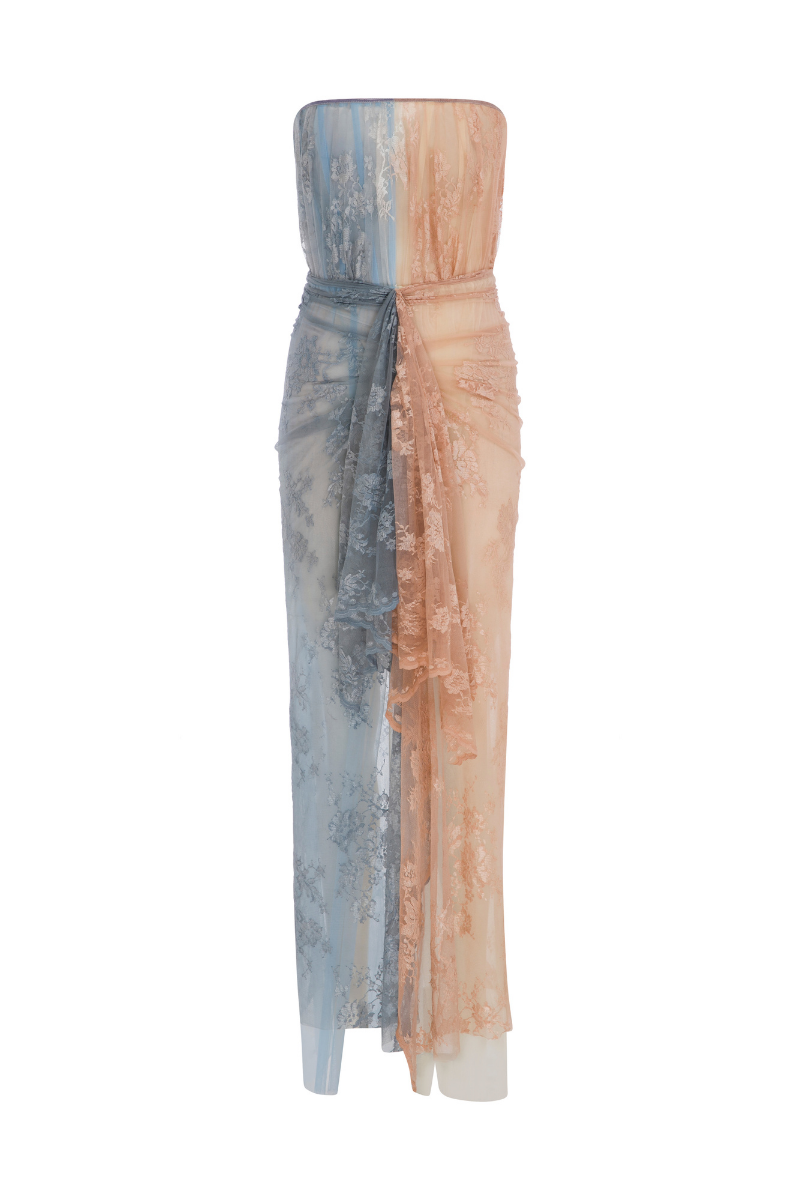 Colorblock lace maxi dress by Sudi Etuz featuring a flowing silhouette and elegant lace details.