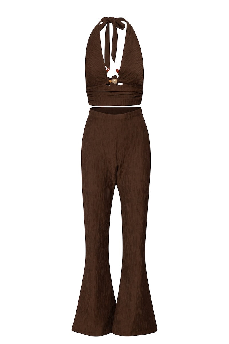 Baobab Louise Pants in espresso color, featuring a tailored fit and classic style, shown on a model.