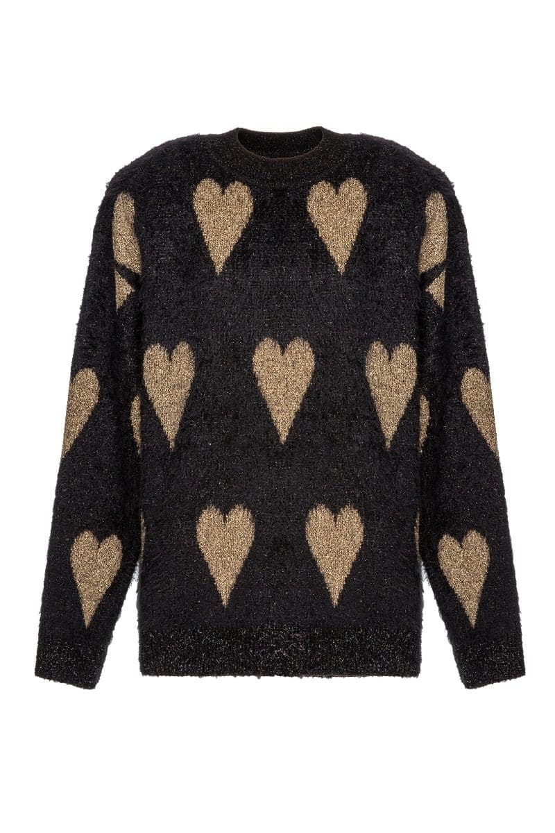 Lalo Valentines gold heart sweater featuring a cozy knit design with gold heart accents, perfect for Valentine's Day.