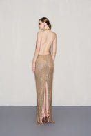 CEM metallic mesh gown with sleek, shimmering fabric and elegant design, perfect for formal occasions or evening wear.
