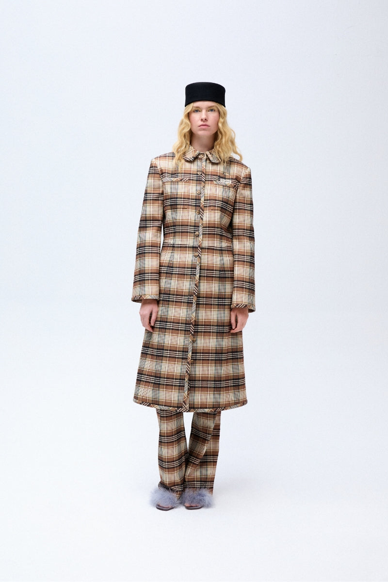 Brown checked plaid fitted trench coat by ColoReve, showing the tailored design and classic pattern on a model.