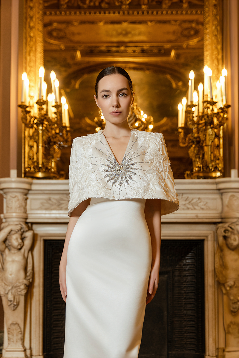 WHITE V-NECK CAPE SLEEVES STRAIGHT GOWN | CULT MIA | Tracy Studio WHITE V-NECK CAPE SLEEVES STRAIGHT GOWN | CULT MIA | Tracy Studio