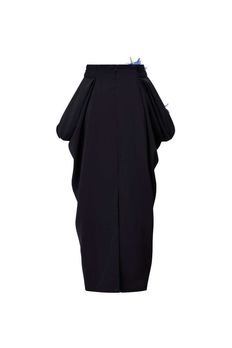Full brown A-line midi skirt by Levia, featuring a classic silhouette and smooth fabric, shown in a detailed front view.