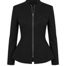 Black zipper peplum top by Keira Tong, featuring a fitted silhouette and stylish peplum detail, shown on a model.