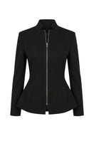 Black zipper peplum top by Keira Tong, featuring a fitted silhouette and stylish peplum detail, shown on a model.
