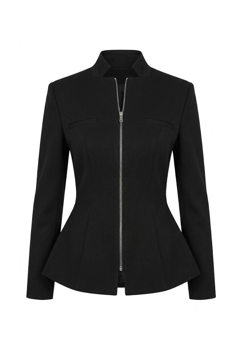 Black zipper peplum top by Keira Tong, featuring a fitted silhouette and stylish peplum detail, shown on a model.