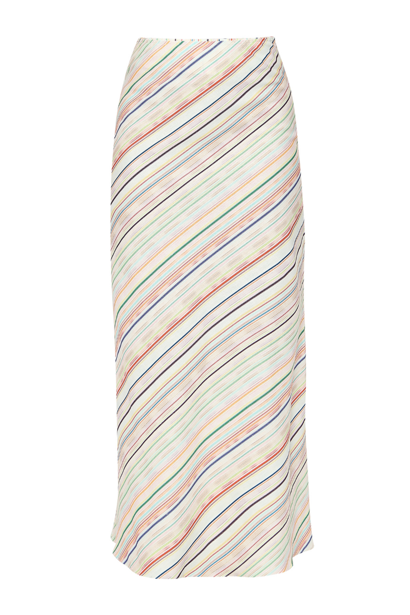 Summer Away Cefalù woven stripe maxi skirt with flowing fabric and vibrant striped pattern, perfect for summer wear.
