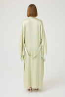 Bocan Couture Heidi long rayon robe with light green lace trim, flowing fabric and elegant design.