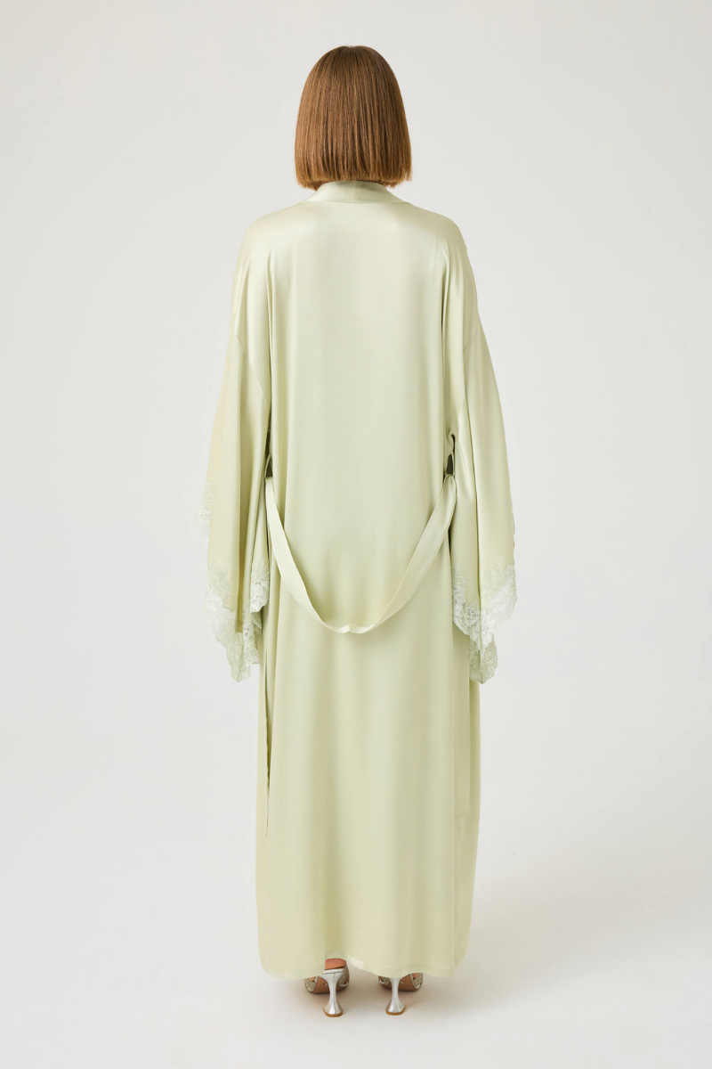 Bocan Couture Heidi long rayon robe with light green lace trim, flowing fabric and elegant design.