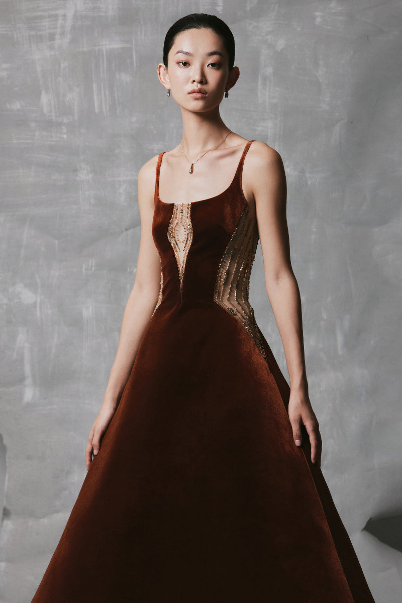 BROWN VELVET A-LINE MIDI DRESS WITH GOLD-BEADED DETAIL | CULT MIA | Phan Huy BROWN VELVET A-LINE MIDI DRESS WITH GOLD-BEADED DETAIL | CULT MIA | Phan Huy