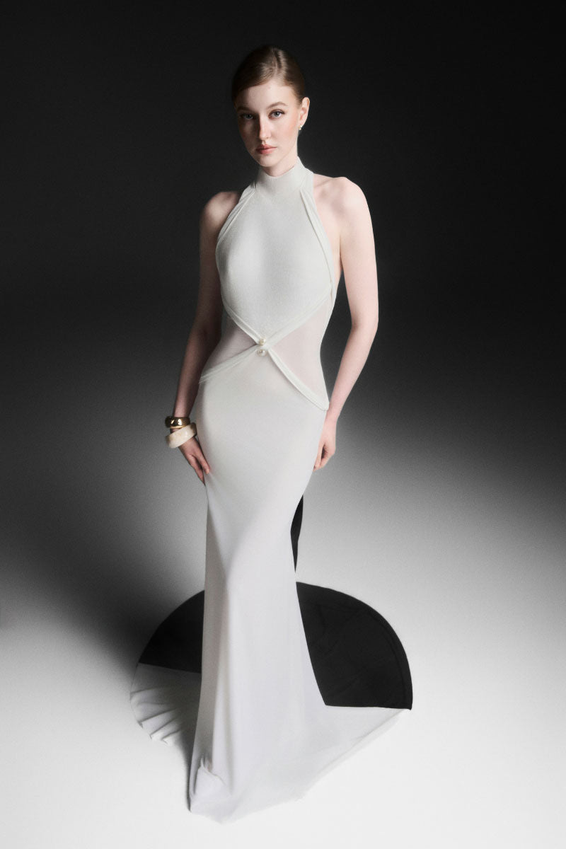 White Xantheir Mermaid Maxi Dress by Maison Des Copains, floor-length with a fitted silhouette and elegant flowy fabric.