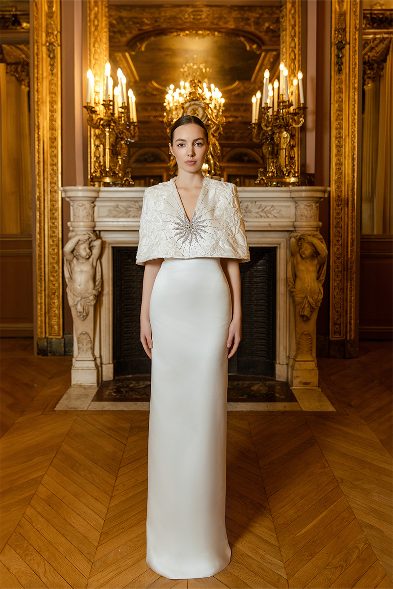 WHITE V-NECK CAPE SLEEVES STRAIGHT GOWN - CULT MIA