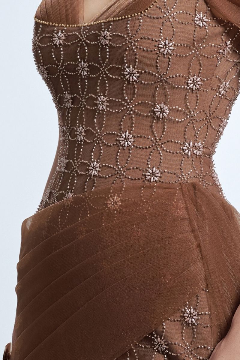 CRYSTAL MAXI DRESS IN BROWN - CULT MIA