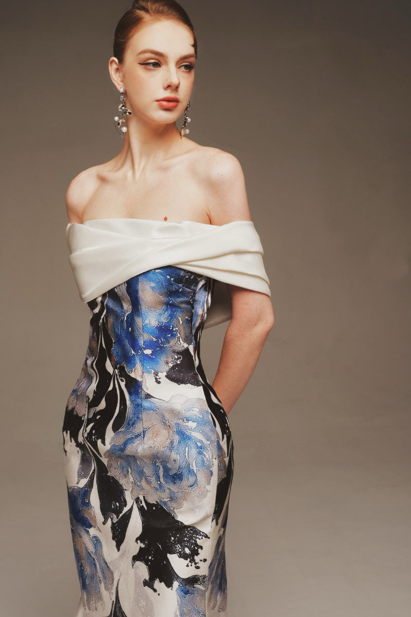 Cobalt blossom strapless maxi dress by Margée Atelier featuring a flowing silhouette and elegant design.