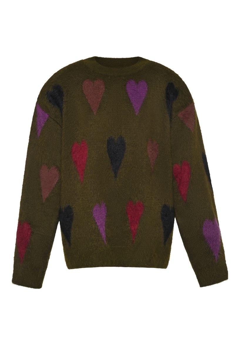 Lalo heart sweater in green multi with colorful knit pattern, cozy sweater made of soft fabric, perfect for casual wear.