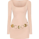CEM gold chain belt mini dress featuring a stylish, fitted design with a gold chain accent on a fashionable mini dress.