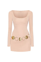 CEM gold chain belt mini dress featuring a stylish, fitted design with a gold chain accent on a fashionable mini dress.