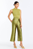 Mestiza New York SOHO metallic knit green top, close-up of stylish textured fabric and fitted design.