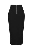 Black zipper corset pencil skirt from Keira Tong, featuring a sleek maxi skirt design with a fitted silhouette and zipper detail.