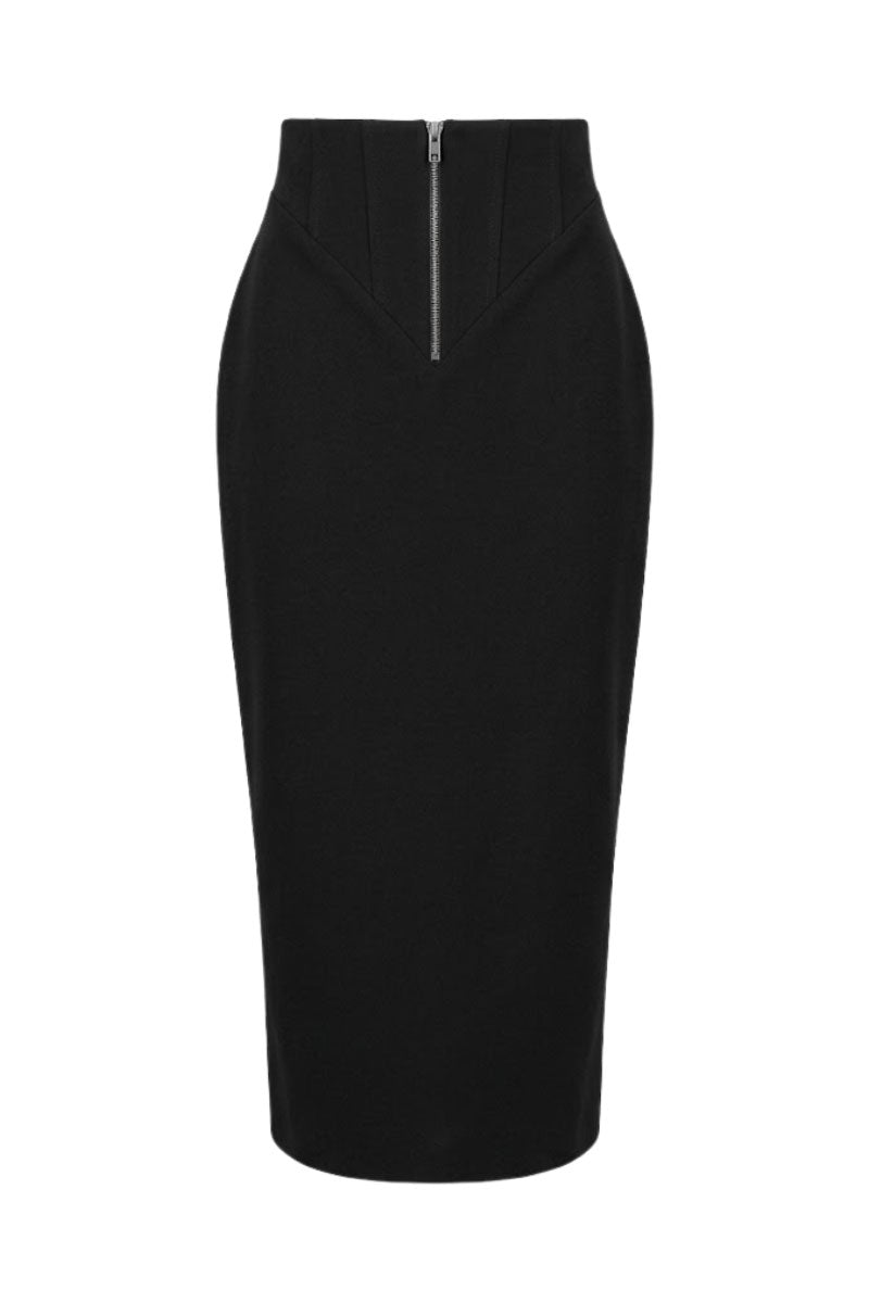 Black zipper corset pencil skirt from Keira Tong, featuring a sleek maxi skirt design with a fitted silhouette and zipper detail.
