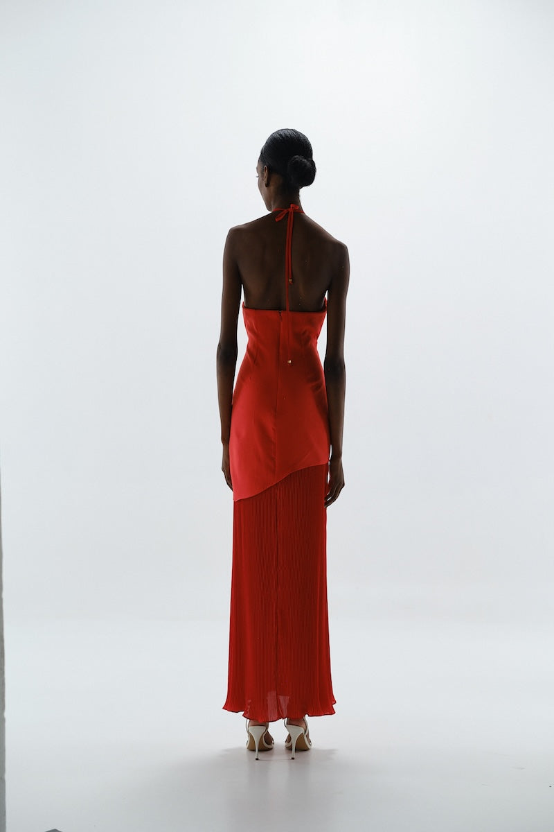 Baobab Gaia Maxi Dress in vibrant fiery color, flowing maxi dress with lightweight fabric and adjustable straps, perfect for summer wear.