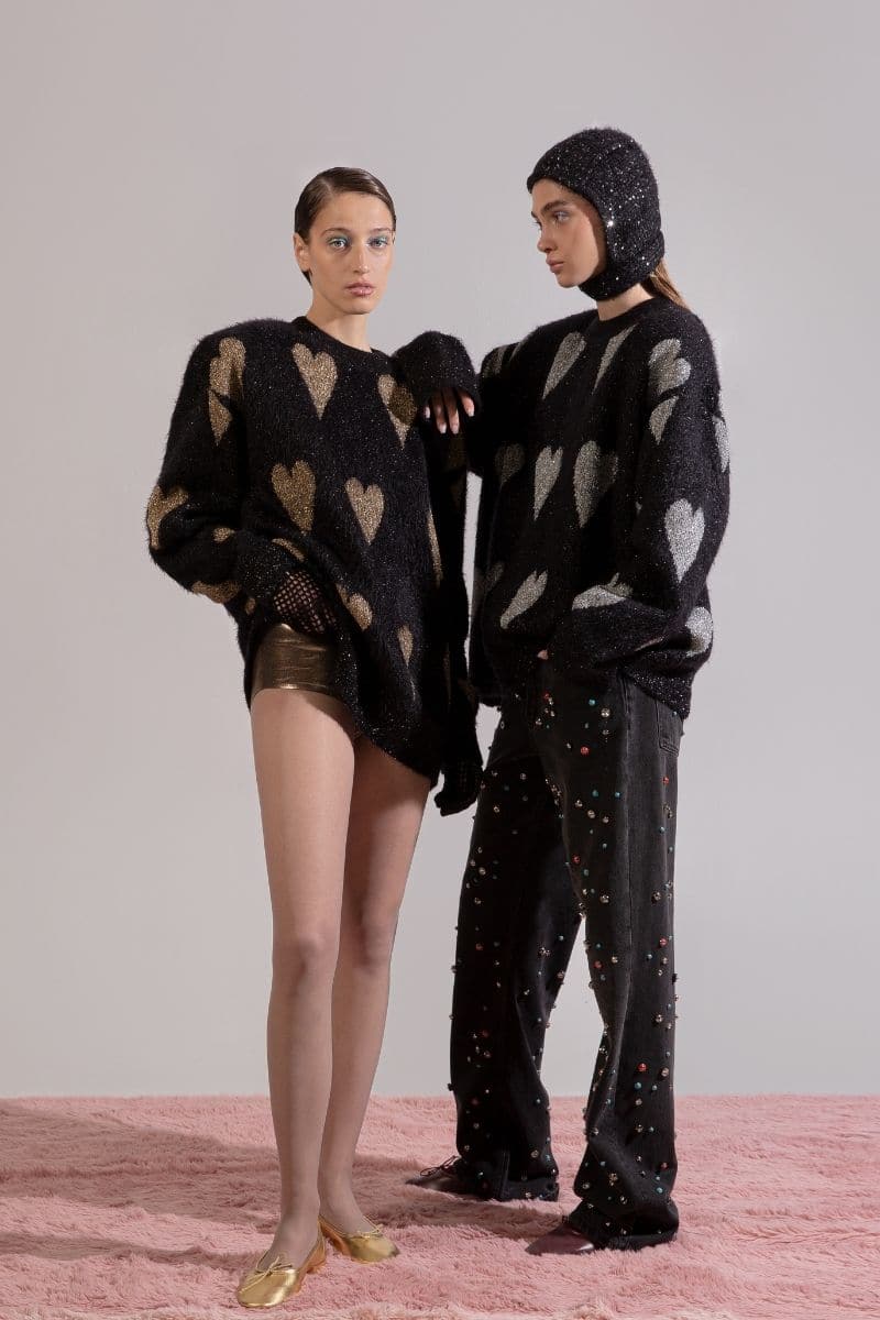 Lalo Valentine's gold heart sweater featuring a cozy knit design with a gold heart pattern on a soft fabric background.