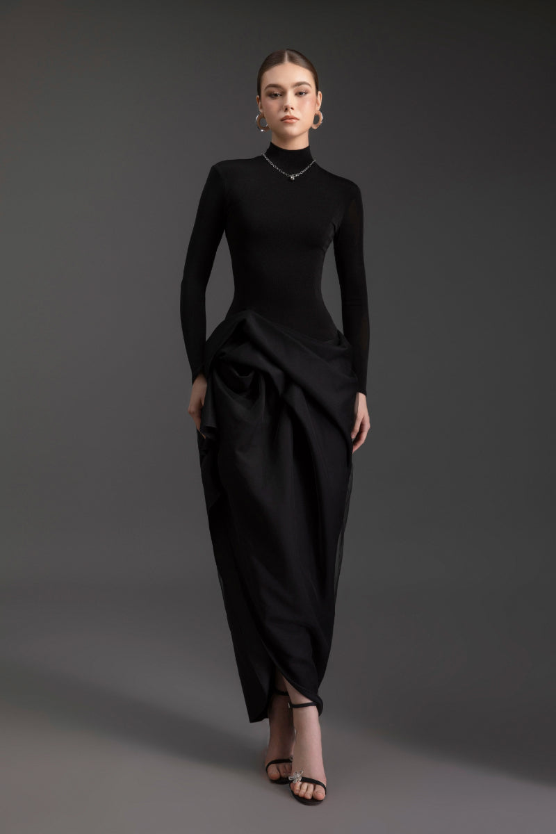 TURTLENECK TWILIGHT ALL BLACK DRESS - CULT MIA