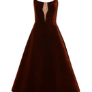 Brown velvet A-line midi dress with gold-banded detail by Phan Huy, shown hanging on a neutral background.