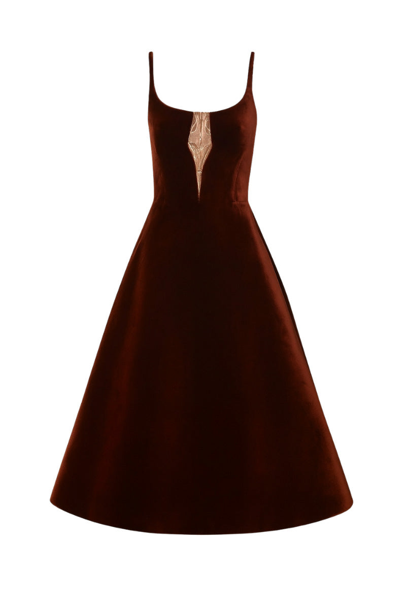 BROWN VELVET A-LINE MIDI DRESS WITH GOLD-BEADED DETAIL