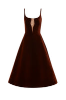 Brown velvet A-line midi dress with gold-banded detail by Phan Huy, shown hanging on a neutral background.