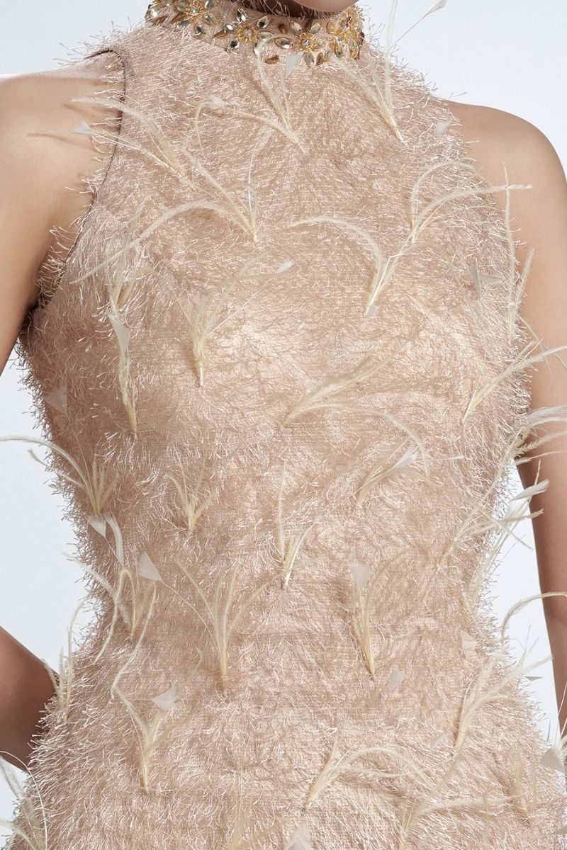 beige feather dress Satin Tab Gown With Feathers in Cream Cream and Neutral