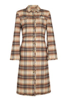 Brown checked plaid fitted trench coat by ColoReve, tailored design with classic pattern and stylish silhouette.