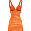 Red draped ruched dress and matching bra by CEM, stylish mini dress with figure-flattering design and textured fabric.