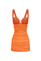 Red draped ruched dress and matching bra by CEM, stylish mini dress with figure-flattering design and textured fabric.